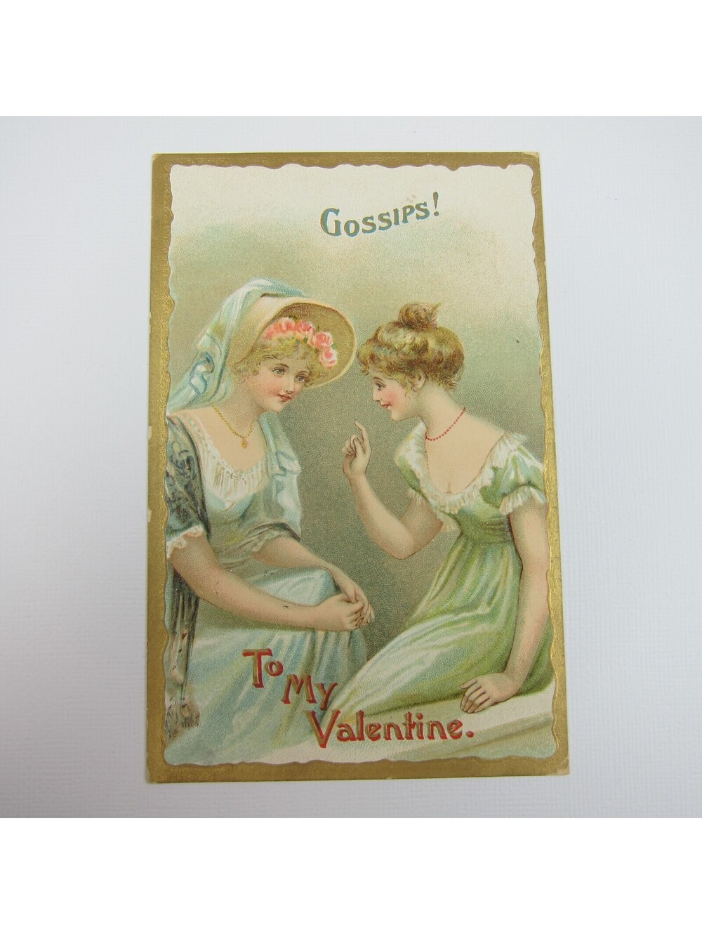 Postcard Valentine Two Blonde Ladies Gossips Gold Edge Embossed Antique 1909